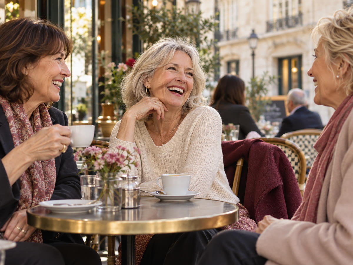 Une femme rit librement avec ses amies en terrasse