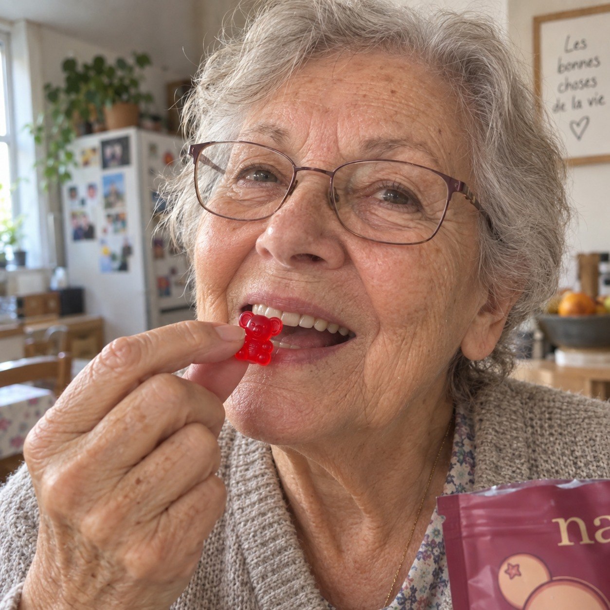 Une femme déguste un gummy Leevna à la cranberry